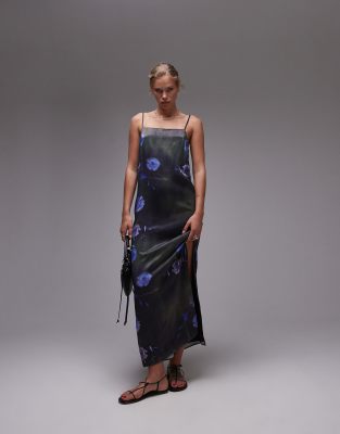 Topshop - Midi-Trägerkleid aus Satin mit eckigem Ausschnitt und Blumenmuster-Bunt