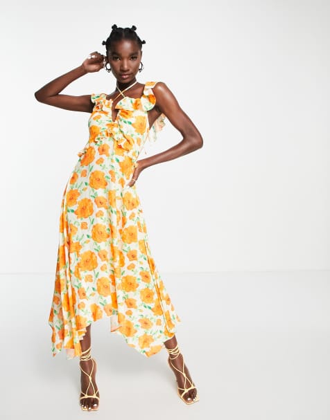 Topshop – Midi-Trägerkleid für besondere Anlässe in Orange mit Blumenmuster und Rüschen - view 1
