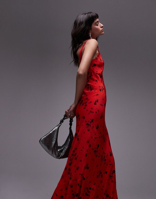 Topshop – Midi-Trägerkleid in Rot mit Blumenmuster und ausgestelltem Saum, 2 von 5