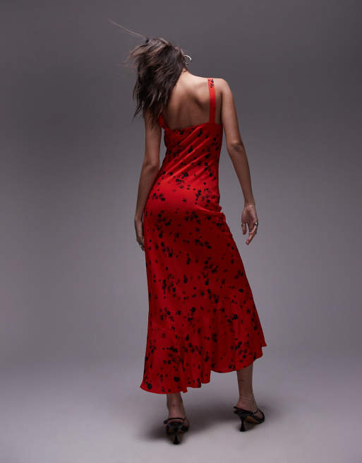 Topshop – Midi-Trägerkleid in Rot mit Blumenmuster und ausgestelltem Saum, 4 von 5