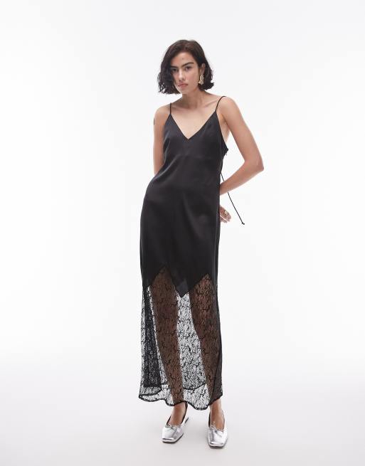 Topshop – Midi-Trägerkleid in Schwarz mit Spitzeneinsatz