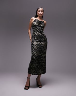 Topshop - Midi-Trägerkleid mit mehrfarbigem Metallic-Tierfellmuster in Ausbrenneroptik-Bunt