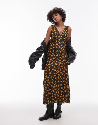 Topshop - Midi-Trägerkleid mit orangefarbenem Blumenmuster im Vintage-Stil und V-Ausschnitt vorne und hinten