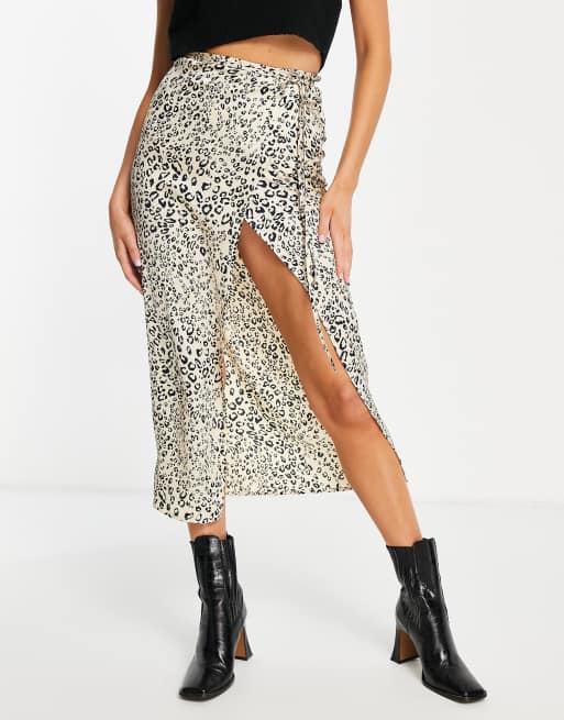 Topshop - Midi-wikkelrok met luipaardprint in neutraal
