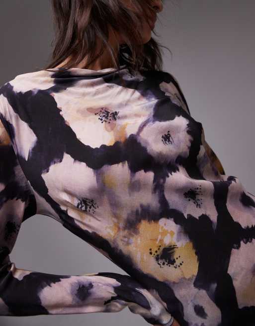 Topshop - Midikjole med bred halsudskæring og gråt/limegrønt blomstermønster, 3 af 4