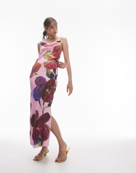 Topshop - Midikjole med vandfaldsudskæring og dyb og rund ryg i sløret blomsterprint - view 1