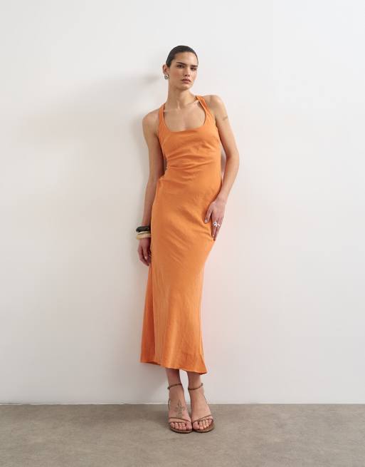 Topshop – Midikleid aus Cupro in Orange mit überkreuzter Rückseite, 2 von 4