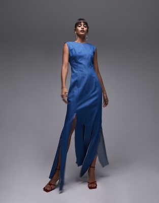 Topshop - Midikleid aus Denim in Indigoblau mit Schlitzen