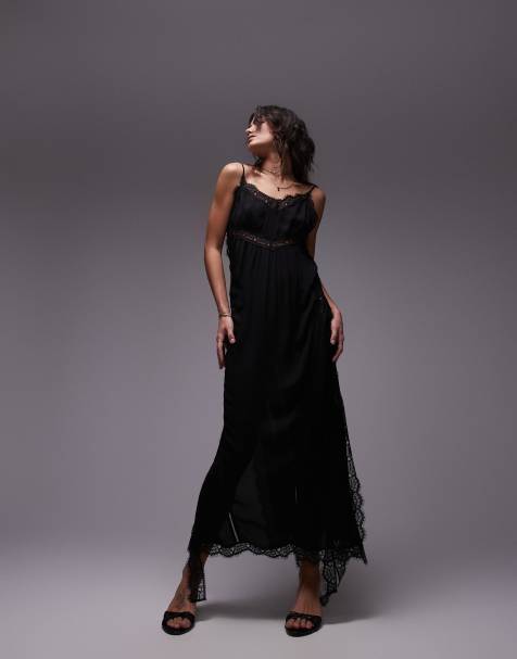 Topshop – Midikleid aus Funktionsstoff in Schwarz mit Spitzenbesatz - view 1