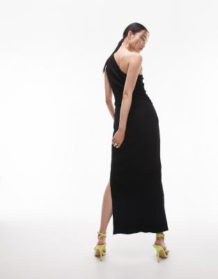 Topshop - Midikleid aus geripptem Jersey in Schwarz mit One-Shoulder-Träger-Blau