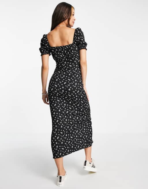 Topshop ‑ Midikleid aus Jersey mit Mikroblümchenmuster, Knopfleiste und Puffärmeln, 2 von 4