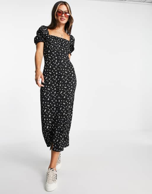 Topshop ‑ Midikleid aus Jersey mit Mikroblümchenmuster, Knopfleiste und Puffärmeln, 4 von 4
