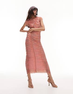 Topshop - Midikleid aus Netzstoff in Rosa mit Raffung und Blumenprint