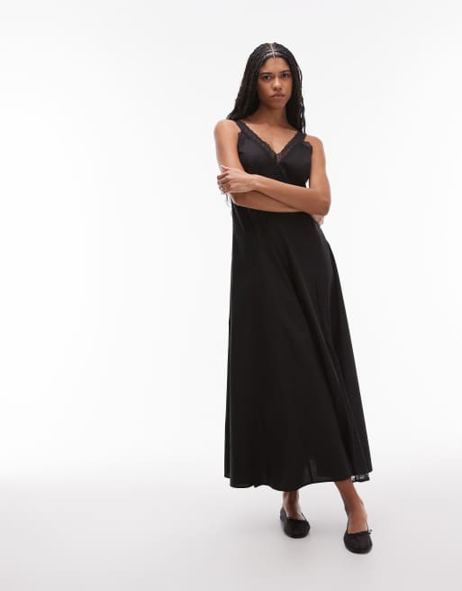Topshop – Midikleid aus Popeline in Schwarz mit Godet-Einsätzen aus Spitzenstoff