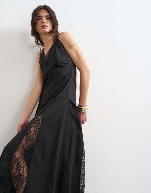 Topshop – Midikleid aus Popeline in Schwarz mit Godet-Einsätzen aus Spitzenstoff, 2 von 4