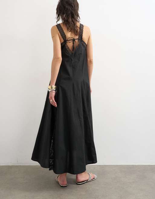 Topshop – Midikleid aus Popeline in Schwarz mit Godet-Einsätzen aus Spitzenstoff, 4 von 4