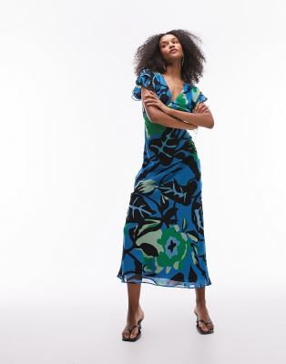 Topshop - Midikleid für besondere Anlässe mit Rüschen, V-Ausschnitt und auffälligem Blumenmuster-Bunt