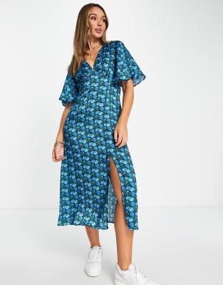 Topshop - Midikleid in Blau mit Engelsärmeln und Printmuster-Bunt