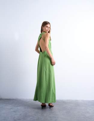 Topshop - Midikleid in Grün mit drapiertem Ausschnitt und Rückenausschnitt