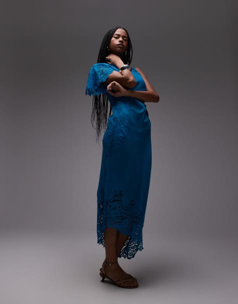 Topshop – Midikleid in kräftigem Blau mit Spitzeneinsatz und angeschnittenen Schultern - view 1