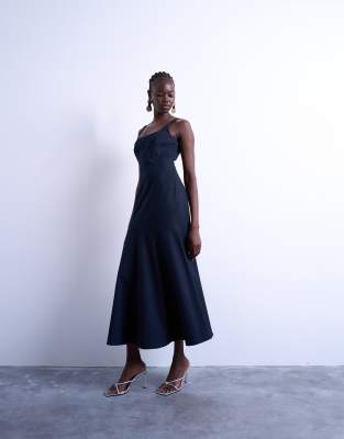 Topshop - Midikleid in Marineblau und Rot mit Nadelstreifen, Verzierung an der Brust und asymmetrischem Saum