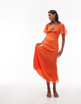 Topshop - Midikleid in Orange mit V-Ausschnitt, Flügelärmeln und Rückenausschnitt