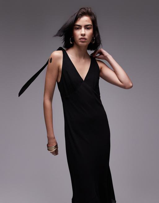 Topshop – Midikleid in Schwarz mit gebundenen Trägern