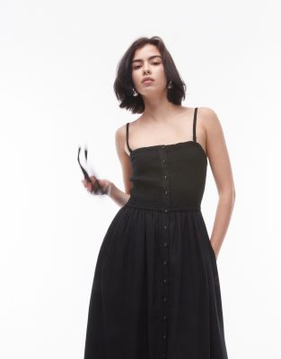 Topshop - Midikleid in Schwarz mit Knopfleiste