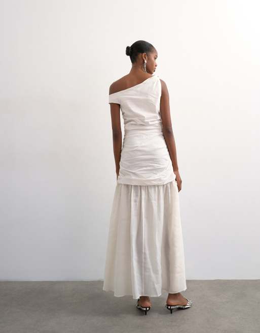 Topshop – Midikleid in Wollweiß mit durchscheinendem Rock und verdrehter Schulterpartie, 4 von 4