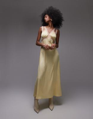 Topshop - Midikleid in Zitronengelb mit Spitzeneinsatz in Pfirsichrosa und plissierter Brustpartie