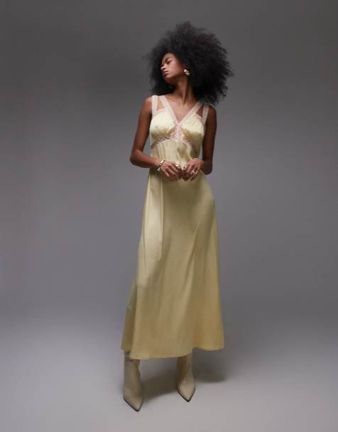 Topshop – Midikleid in Zitronengelb mit Spitzeneinsatz in Pfirsichrosa und plissierter Brustpartie - view 1