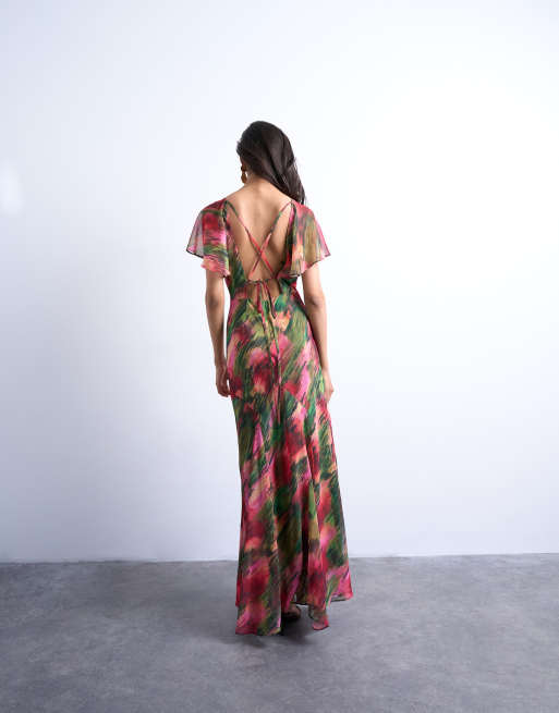 Topshop – Midikleid mit Flatterärmeln, Godet-Saum und verschwommenem Blumenmuster, 4 von 4