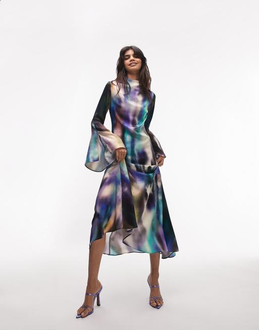 Topshop – Midikleid mit mehrfarbigem verschwommenem Batikmuster und asymmetrischem Saum, 4 von 4