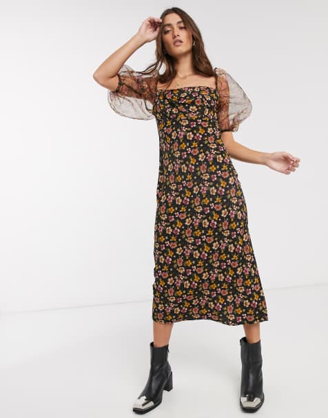 Topshop – Midikleid mit Organza-Ärmeln und buntem Blumenmuster