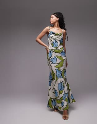 Topshop - Midikleid mit Zierperlen-Trägern und Blumenprint in Blau und Grün-Bunt