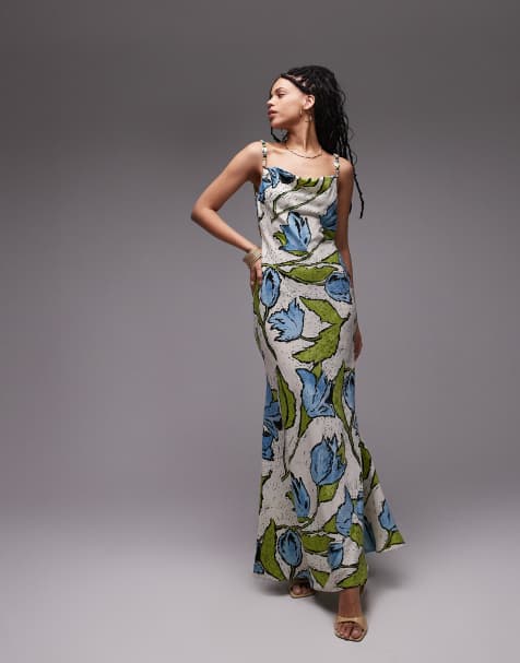 Topshop – Midikleid mit Zierperlen-Trägern und Blumenprint in Blau und Grün - view 1