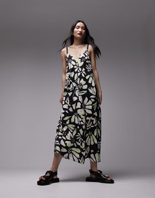 Topshop – Midikleid zum Reinschlüpfen aus hochwertigem Viskose-Twill mit grafischem Blumenprint und kontrastierender Naht