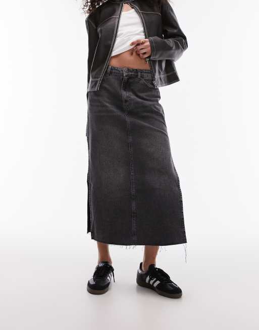 Topshop - Midinederdel med slidser i siderne i forvasket sort denim, 4 af 5