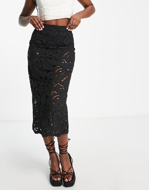 Topshop – Midirock aus Baumwolle in Schwarz mit Spitze