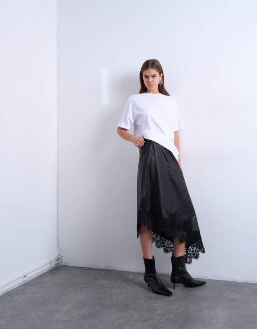 Topshop – Midirock aus Echtleder in Schwarz mit Spitzeneinsatz, 3 von 5