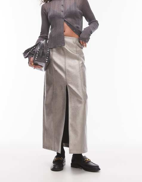 Topshop – Midirock aus Kunstleder in Graphitgrau mit Schlitz - view 1