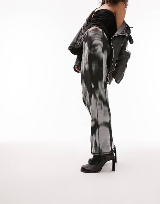Topshop – Midirock aus Mesh mit verschwommenem Blumenmuster in Schwarz-Weiß, 4 von 4