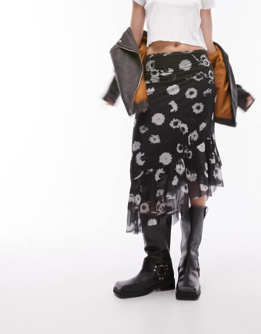 Topshop – Midirock aus Netzstoff in Schwarz-Weiß mit Rüschen und Blumenmuster
