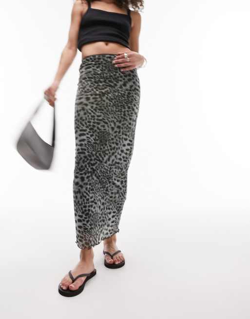 Topshop – Midirock aus Netzstoff mit Animal-Print in Schwarz-Weiß