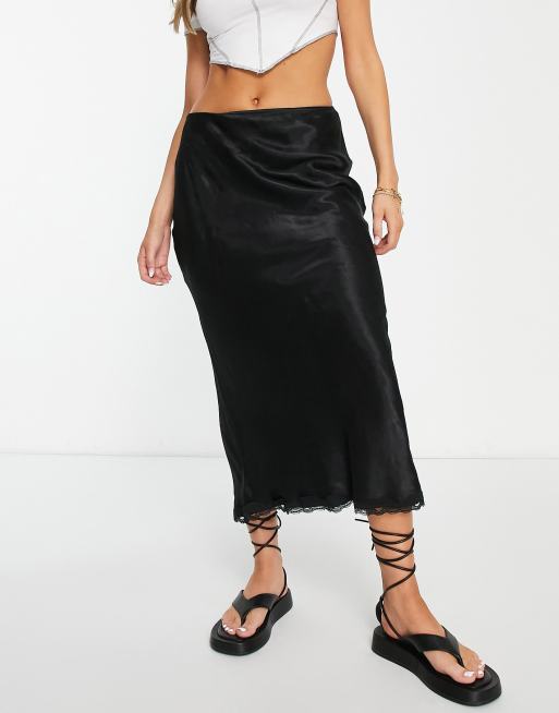 Topshop – Midirock aus Satin in Schwarz mit asymmetrischem Spitzensaum, 4 von 4