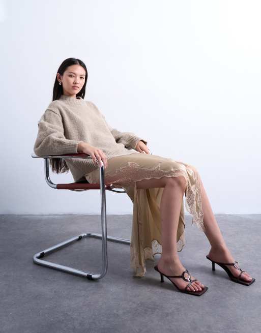 Topshop – Midirock aus Satin und Spitze in Taupe mit Zipfelsaum, 2 von 5