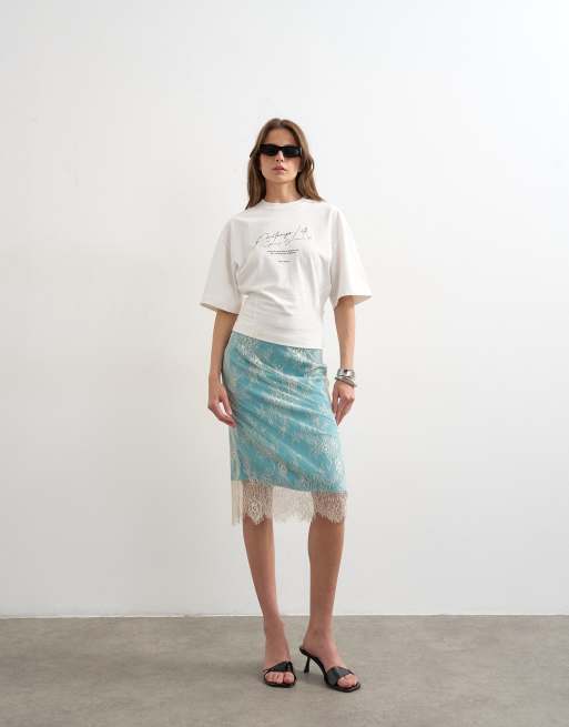 Topshop – Midirock aus Spitze in Ecru mit blauem Einsatz, 3 von 5