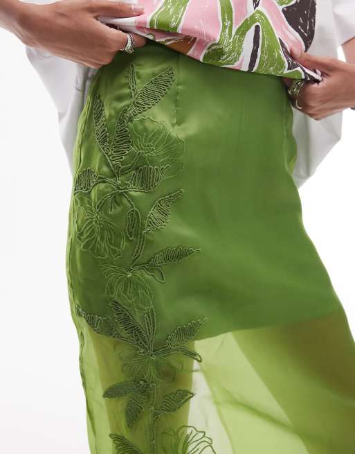Topshop – Midirock in Grün aus besticktem Organza, 2 von 5