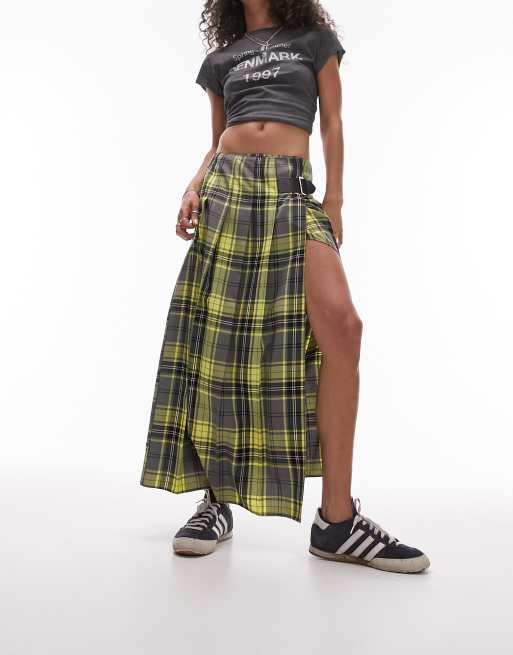 Topshop – Midirock in kariertem Gelb mit Faltendetail