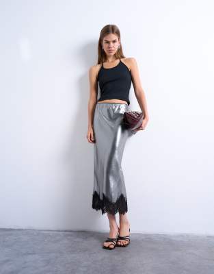 Topshop - Midirock in Metallic-Silber mit Spitzensaum